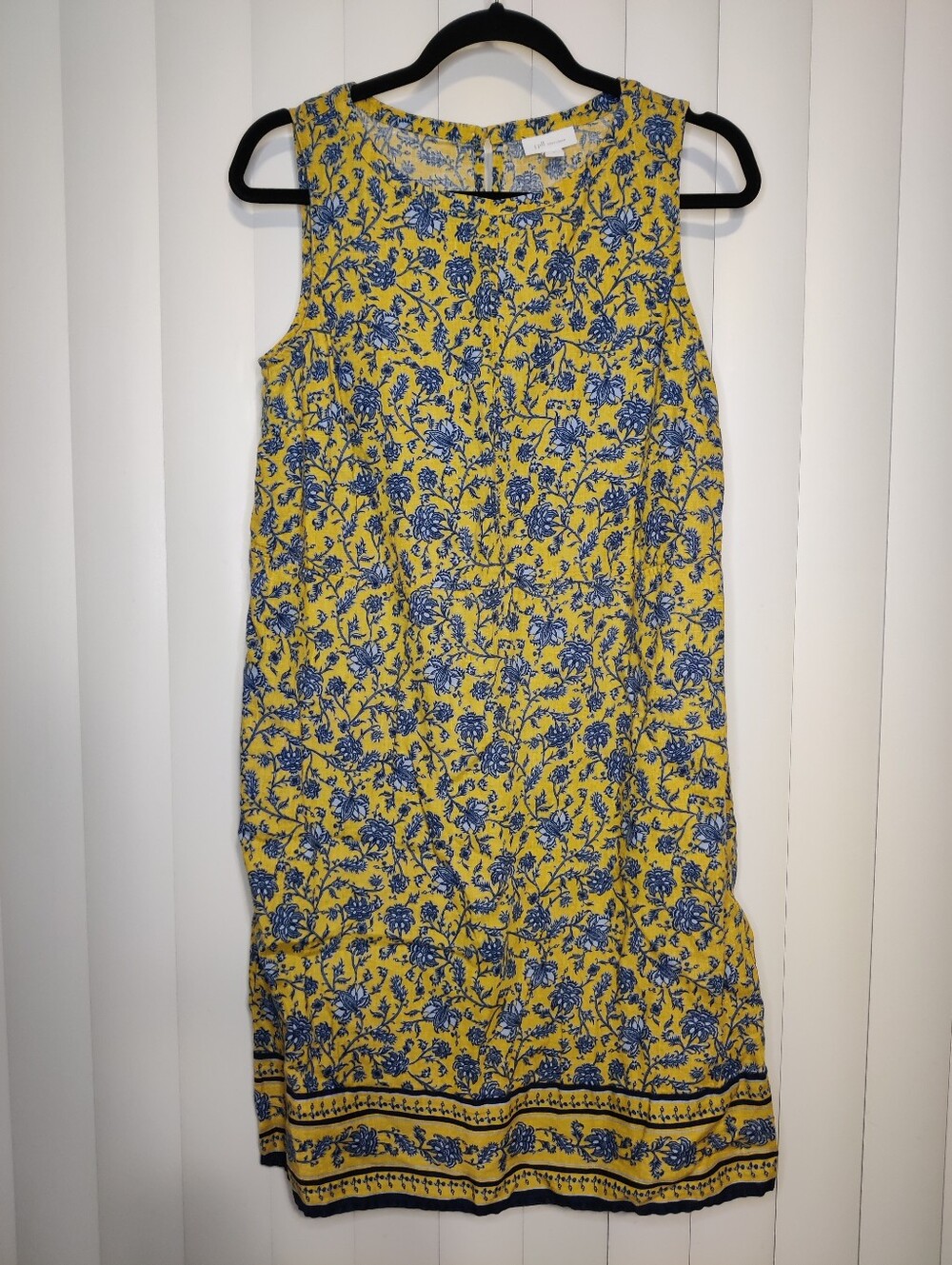 J. Jill Yellow Sleeveless Shift Dress with Blue Floral Pattern